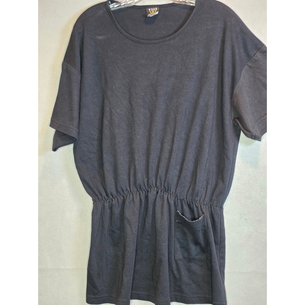 Wear Abouts Vintage Cinched Waist T-Shirt Dress Black Pocket Mini One Size 25058